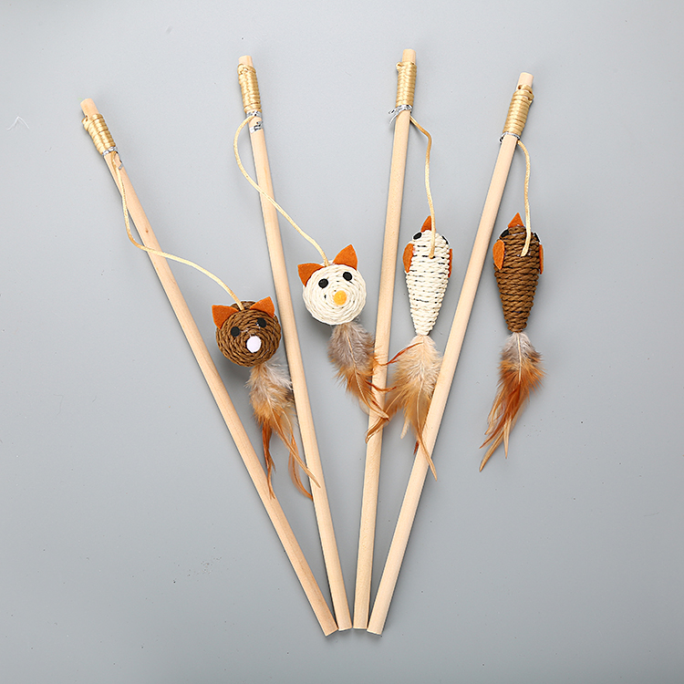 Bird And Mouse Design Cat Interactive Teaser Wooden Cat Toy Stick